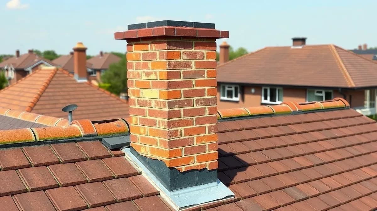 Repointed chimney stack with new lead flashing on a tiled roof