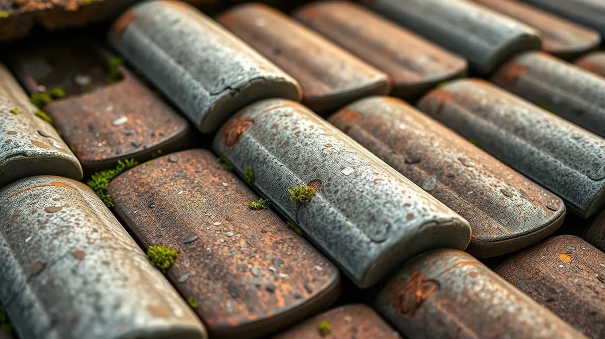 Weathered concrete interlocking tiles showing surface spalling