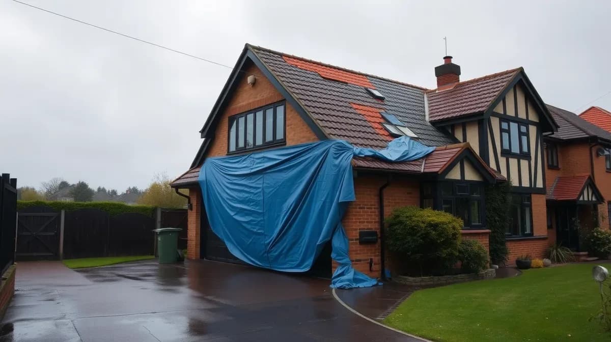 Storm-damaged estate roof with tiles missing and a tarpaulin