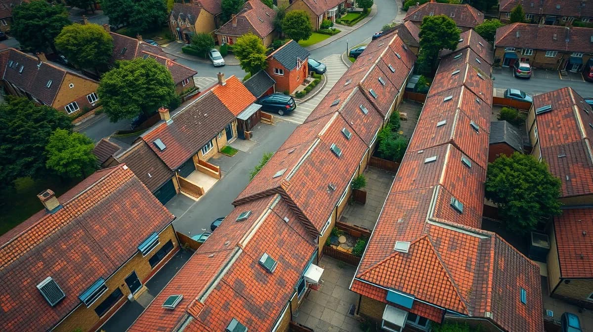 Concrete tiled rooftops across a 1970s housing estate