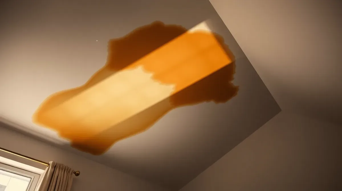 Water stain spreading on a bedroom ceiling below a roof valley