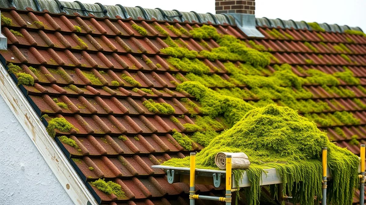Concrete tiled roof half cleared of heavy moss
