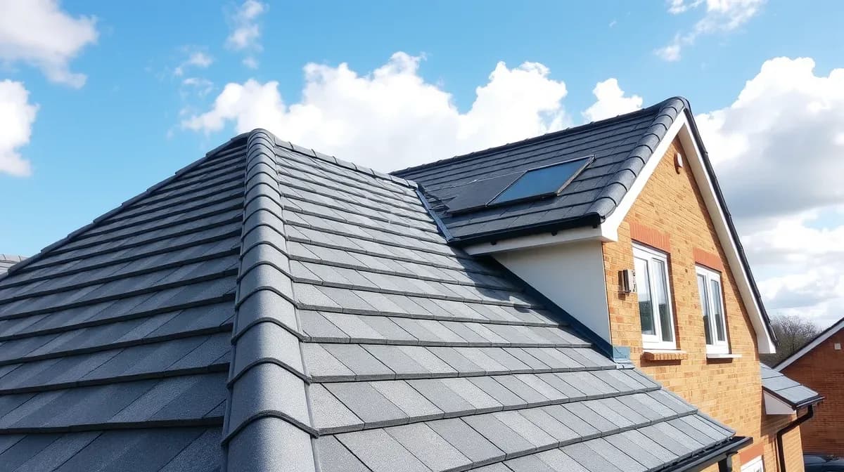 New grey concrete tiled roof with dry ridge on a 1970s semi
