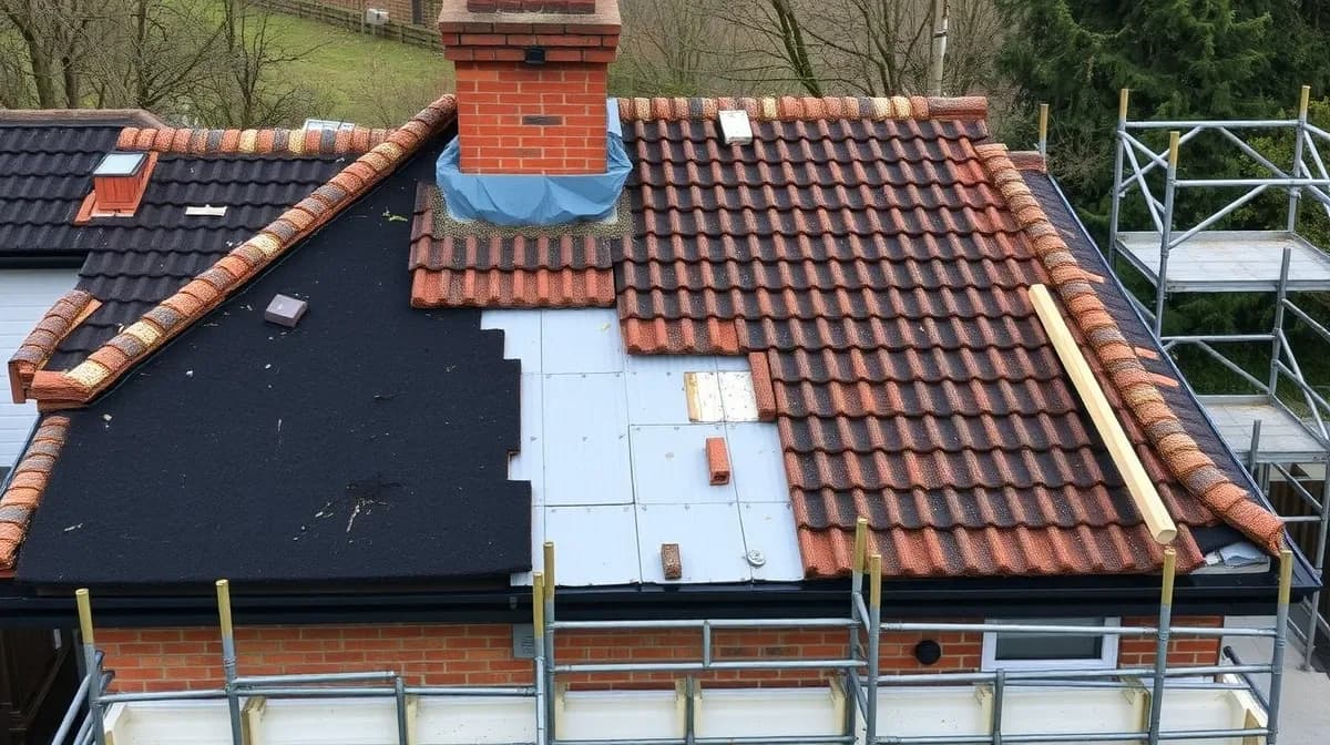 Estate house mid re-roof with perished felt exposed