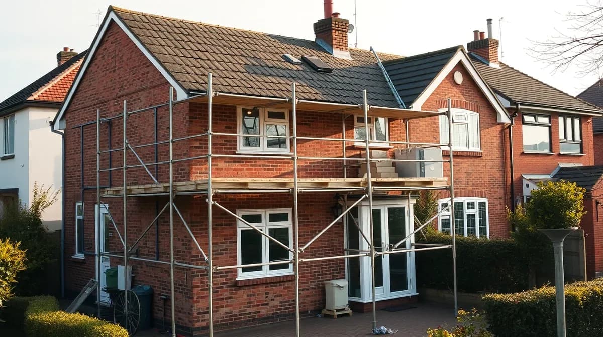 Scaffolding around a 1970s semi for a full re-roof